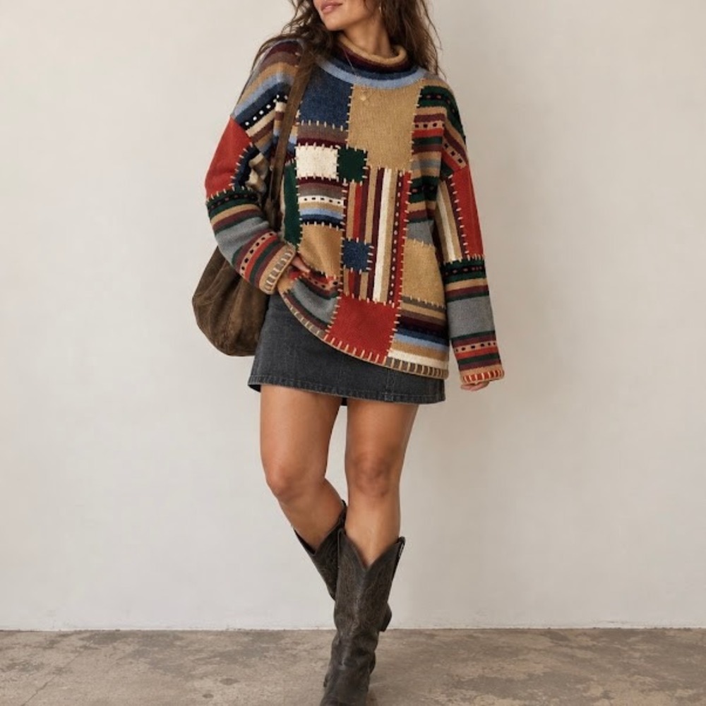 Vintage Marie Y Patchwork Sweater Womens L Lagenlook Statement Artisan Boho
